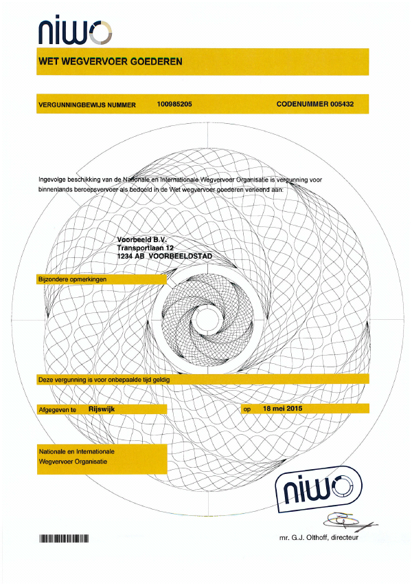 Vergunningbewijs binnenlands vervoer (NIWO)